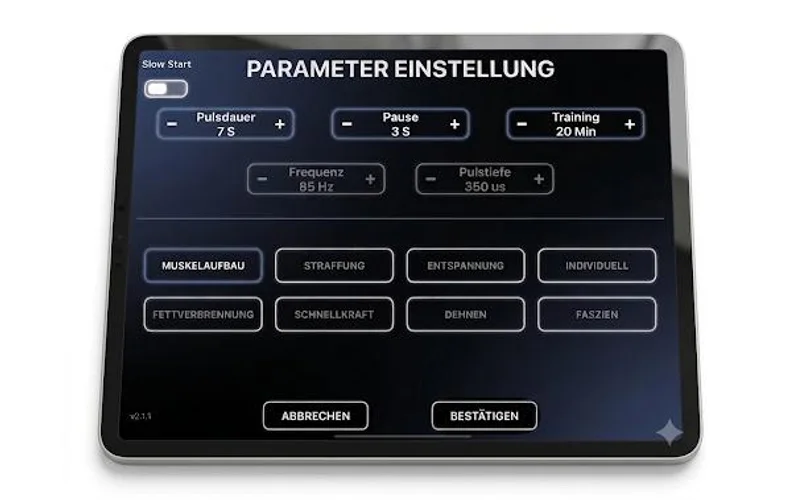 EMS Mobile-app op de iPad: parameters instellen met pulsduur, frequentie en trainingsprogramma’s