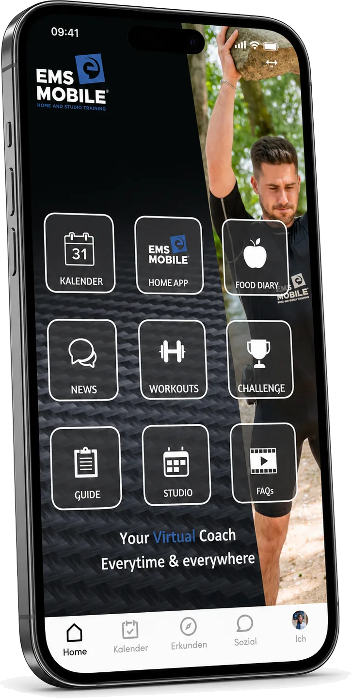 EMS Mobile Virtual Coach App op de iPhone — startscherm met kalender, Home App, workouts, challenge, studio en FAQ's.