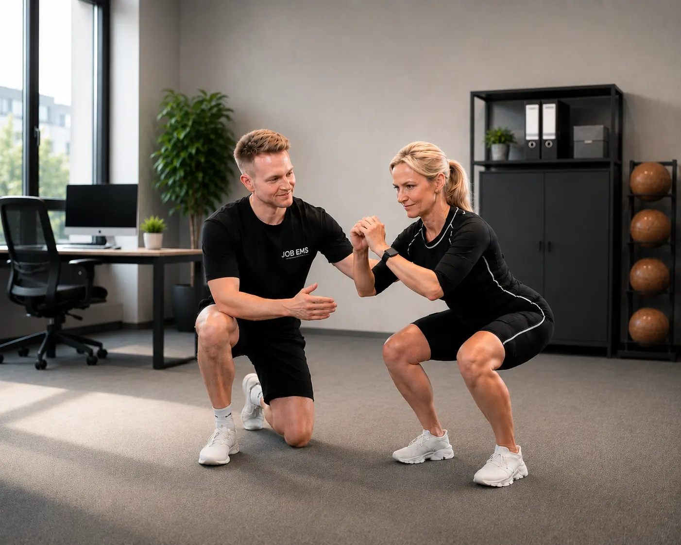 Personal trainer begeleidt een medewerkster tijdens de EMS-training op kantoor