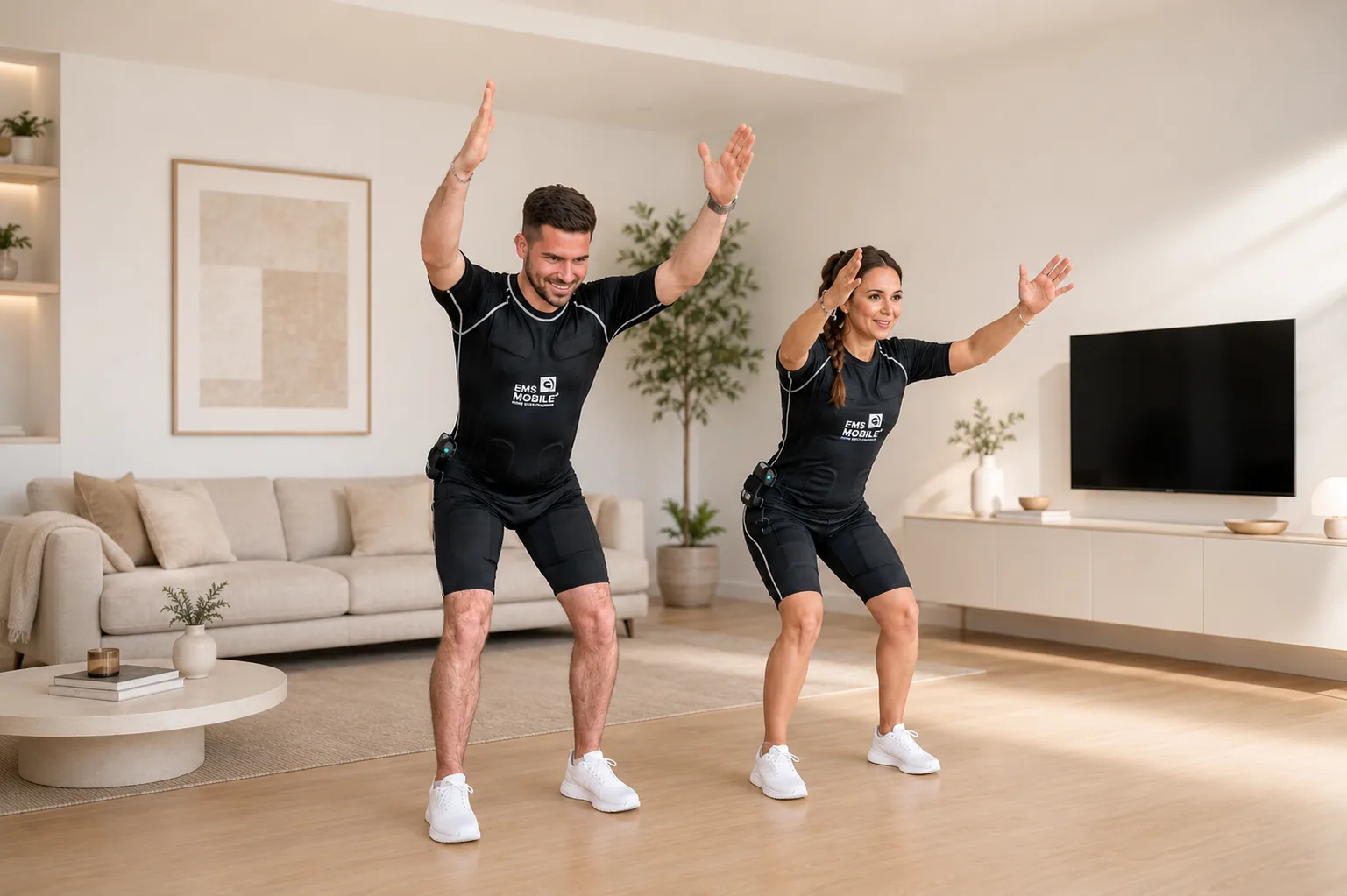 Paar beim EMS-Training zuhause im Wohnzimmer